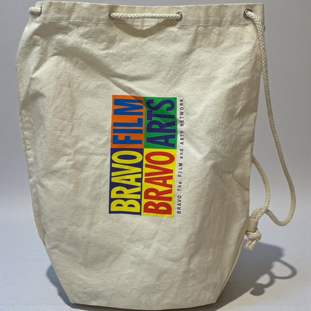 Vintage BRAVO FILM BRAVO ARTS TV NETWORK Drawstring Book Bag Cinch Backpack RARE